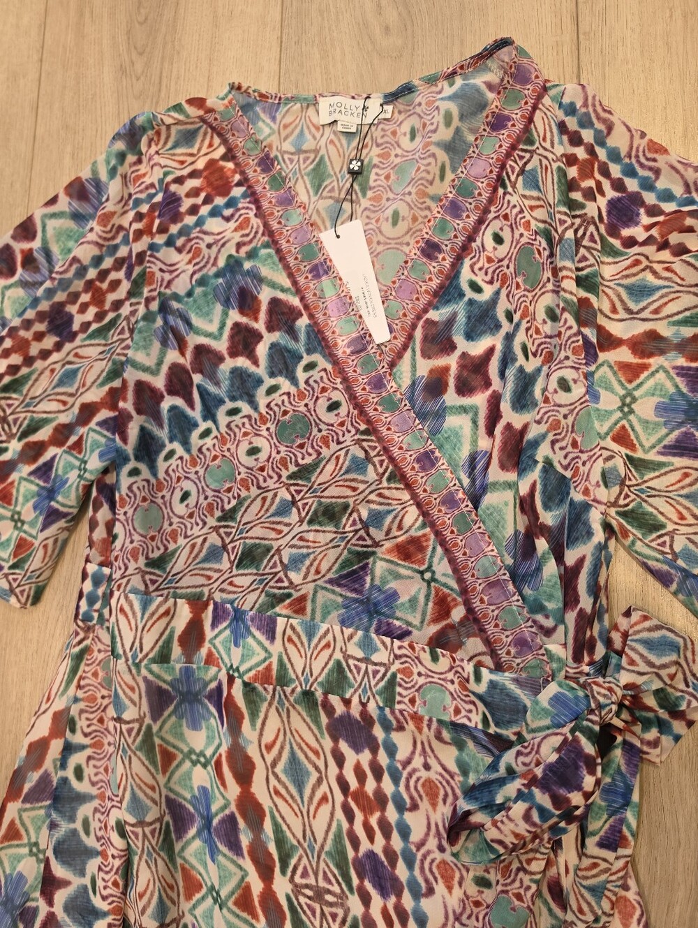 Molly Bracken NWT XL Printed Wrap Midi Dress Boho Bell Sleeve Multicolor - Picture 2 of 4